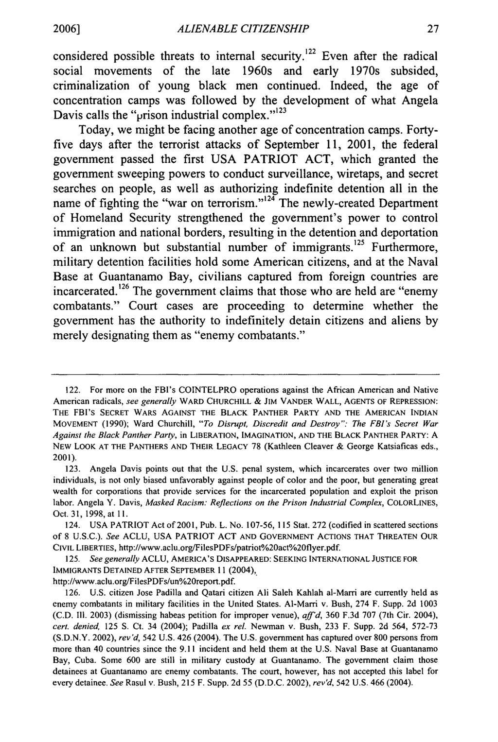 2006] ALIENABLE CITIZENSHIP considered possible threats to internal security.