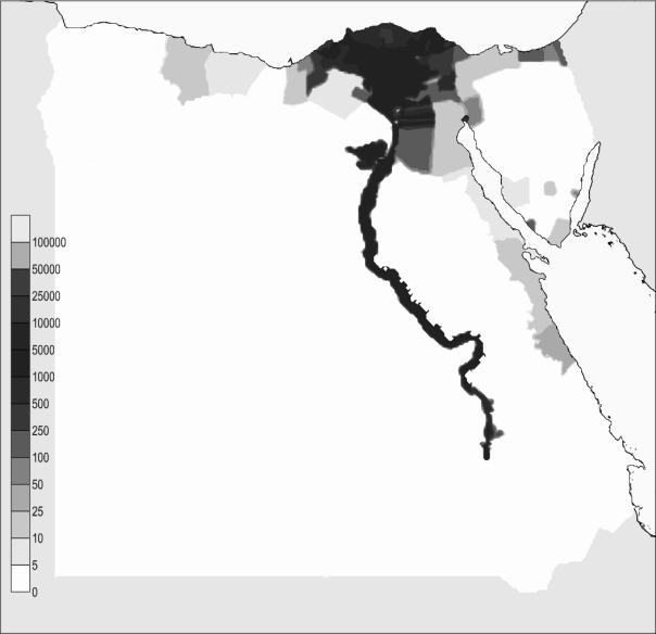29. What type of population density is measured in the map of Egypt below? a. Arithmetic b. Exponential c. Differentiated d. Physiologic e. Isometric 30.
