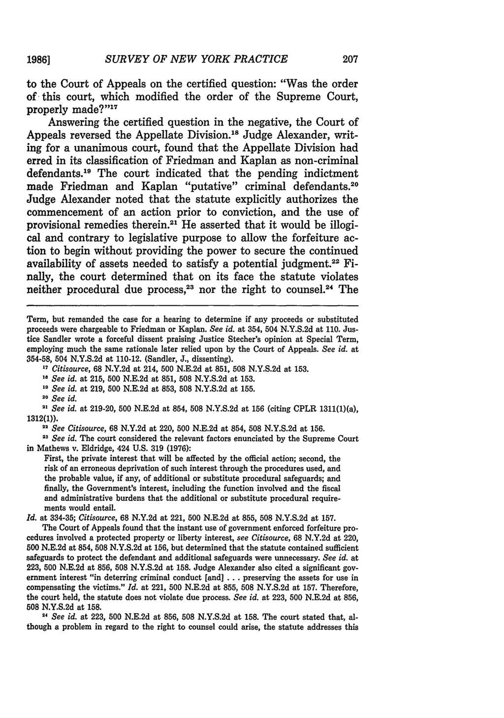 1986] SURVEY OF NEW YORK PRACTICE to the Court of Appeals on the certified question: "Was the order of this court, which modified the order of the Supreme Court, properly made?