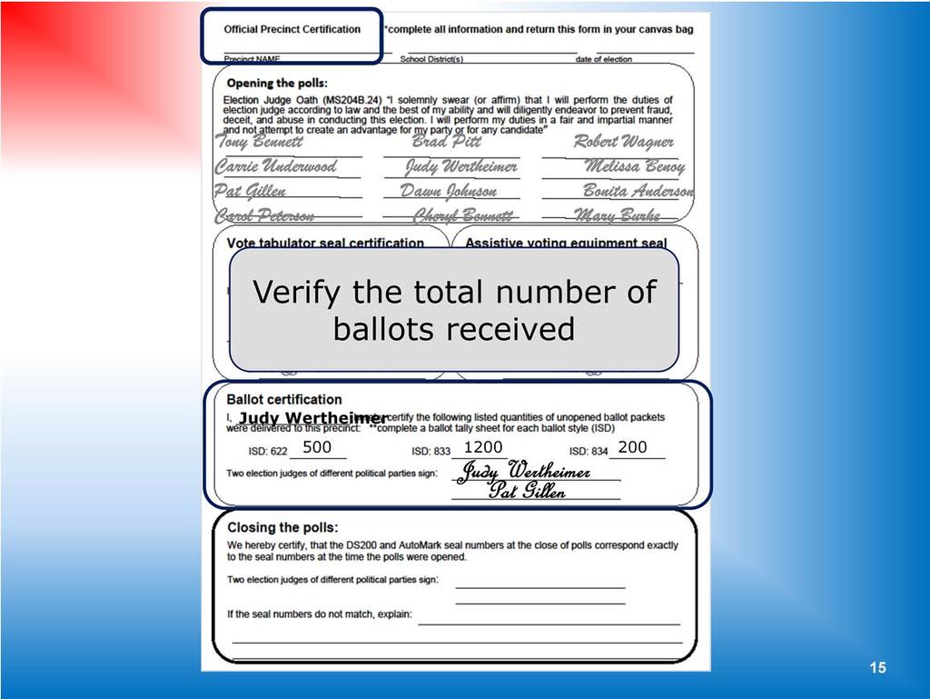 Your head judge or an assigned election judge, must certify the number of ballots received; o Each ballot style needs to be certified o