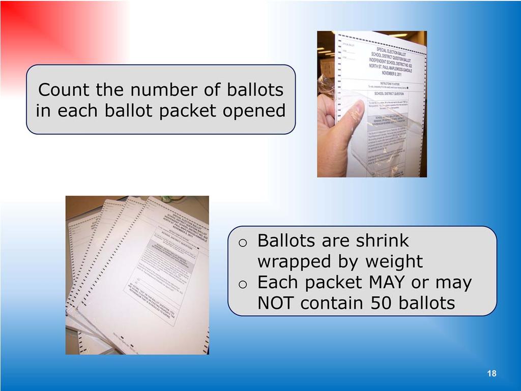 Ballots are shrink wrapped by weight o Each packet MAY or may NOT contain 50