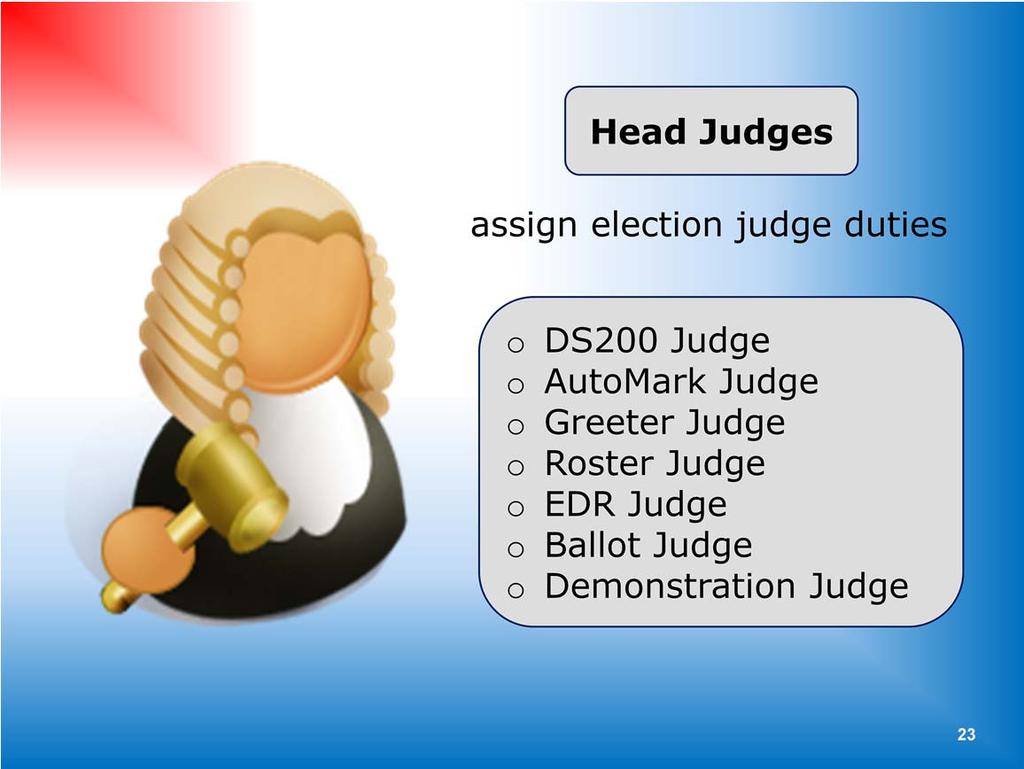 Your head judge will assign each election judge an election day task, which could include; o DS200, vote tabulator o The