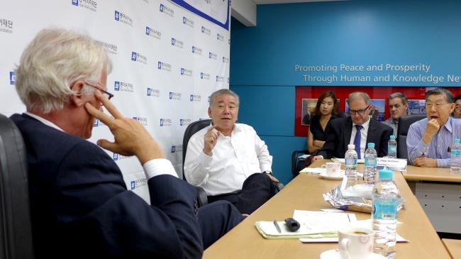 Moon Chung-in (center), Distinguished Professor Emeritus at Yonsei University Songdo Campus and a trustee of the East Asia Foundation, speaks at a forum titled Hard Target: sanctions, engagement and