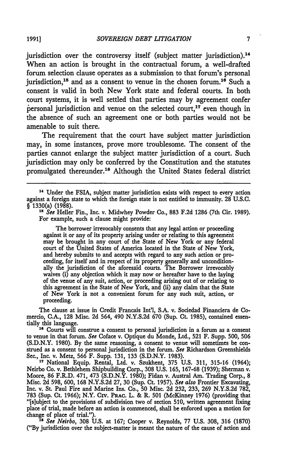 1991] SOVEREIGN DEBT LITIGATION jurisdiction over the controversy itself (subject matter jurisdiction).