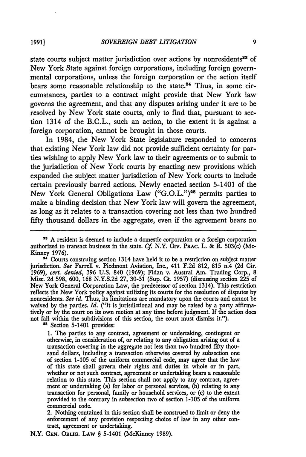 1991] SOVEREIGN DEBT LITIGATION state courts subject matter jurisdiction over actions by nonresidents" 3 of New York State against foreign corporations, including foreign governmental corporations,