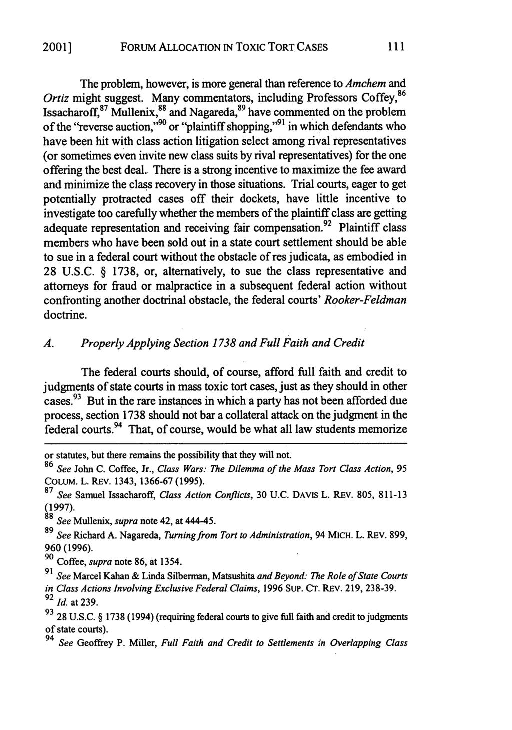 2001] FORUM ALLOCATION 1N Toxic TORT CASES The problem, however, is more general than reference to Amchem and Ortiz might suggest.