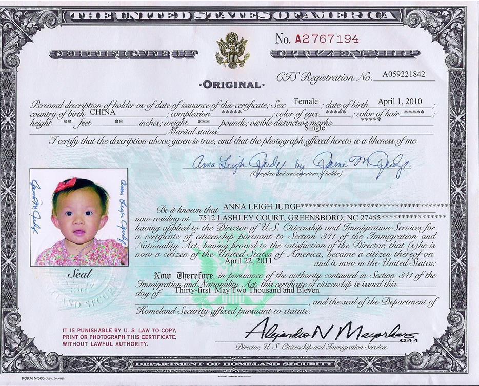 5.3 APPLICATION FOR A CERTIFICATE OF CITIZENSHIP Sample Certificate of Citizenship FILING The application is made on Form N-600, Application for Certificate of Citizenship.
