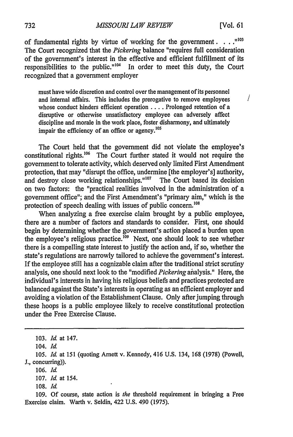 Missouri Law Review, Vol. 61, Iss. 3 [1996], Art. 9 MISSOURI LAW REVIEW [Vol. 61 of fundamental rights by virtue of working for the government.
