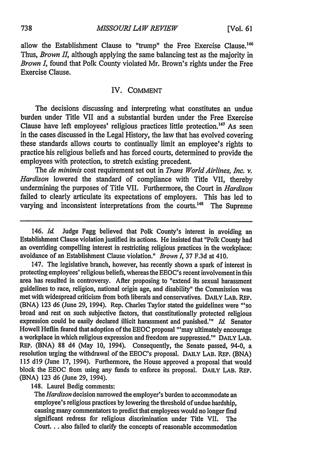 Missouri Law Review, Vol. 61, Iss. 3 [1996], Art. 9 MISSOURI LAW REVIEW [Vol. 61 allow the Establishment Clause to "trump" the Free Exercise Clause.