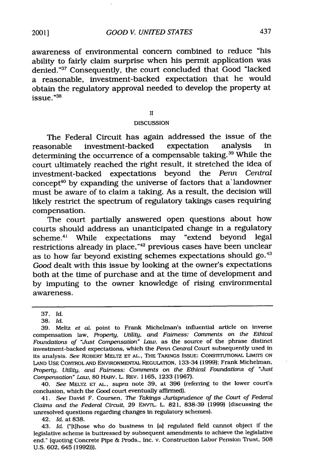20011 GOOD V. UNITED STATES awareness of environmental concern combined to reduce "his ability to fairly claim surprise when his permit application was denied.