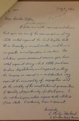 Figure 3. Mr. L. Philip Howland s letter criticizing Senator Cotton s vote on the Civil Rights Act of 1964. letter with, I do not think that your action represents the attitude of your state.