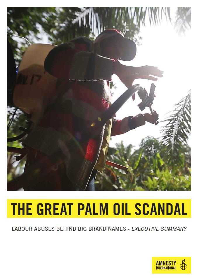 Report of Amnesty International on labour issues on Indonesian palm plantations Report The Great Palm Oil Scandal was published in 2016 Report investigated labour exploitations Indonesian palm