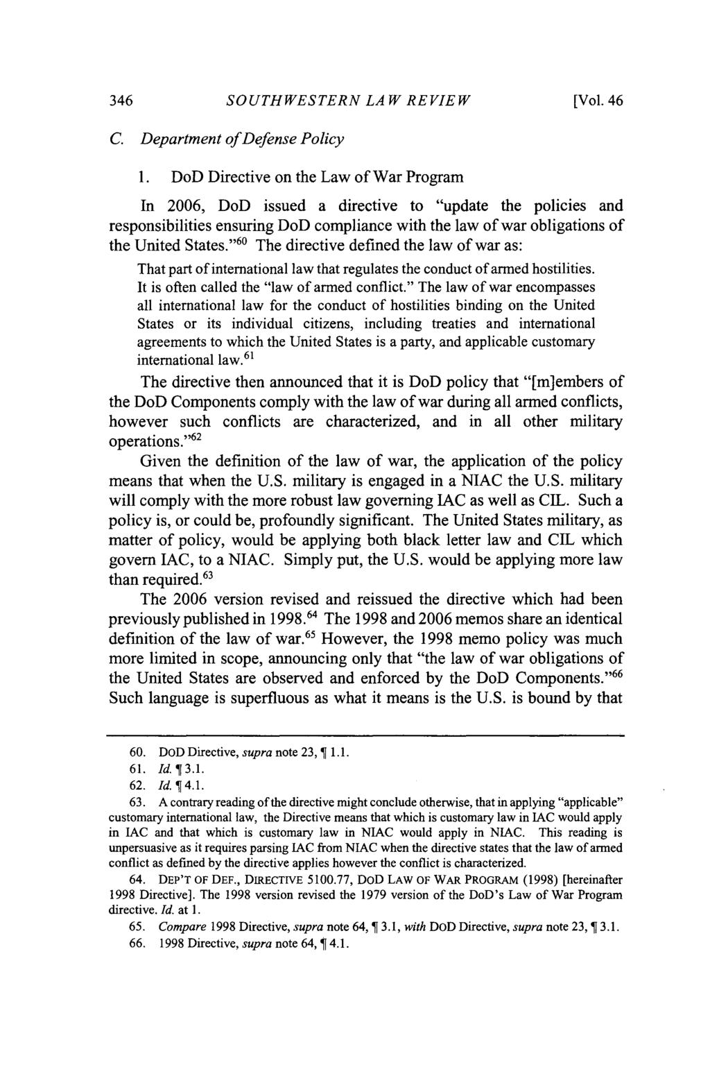346 SOUTHWESTERN LAW REVIEW [Vol. 46 C. Department of Defense Policy 1.
