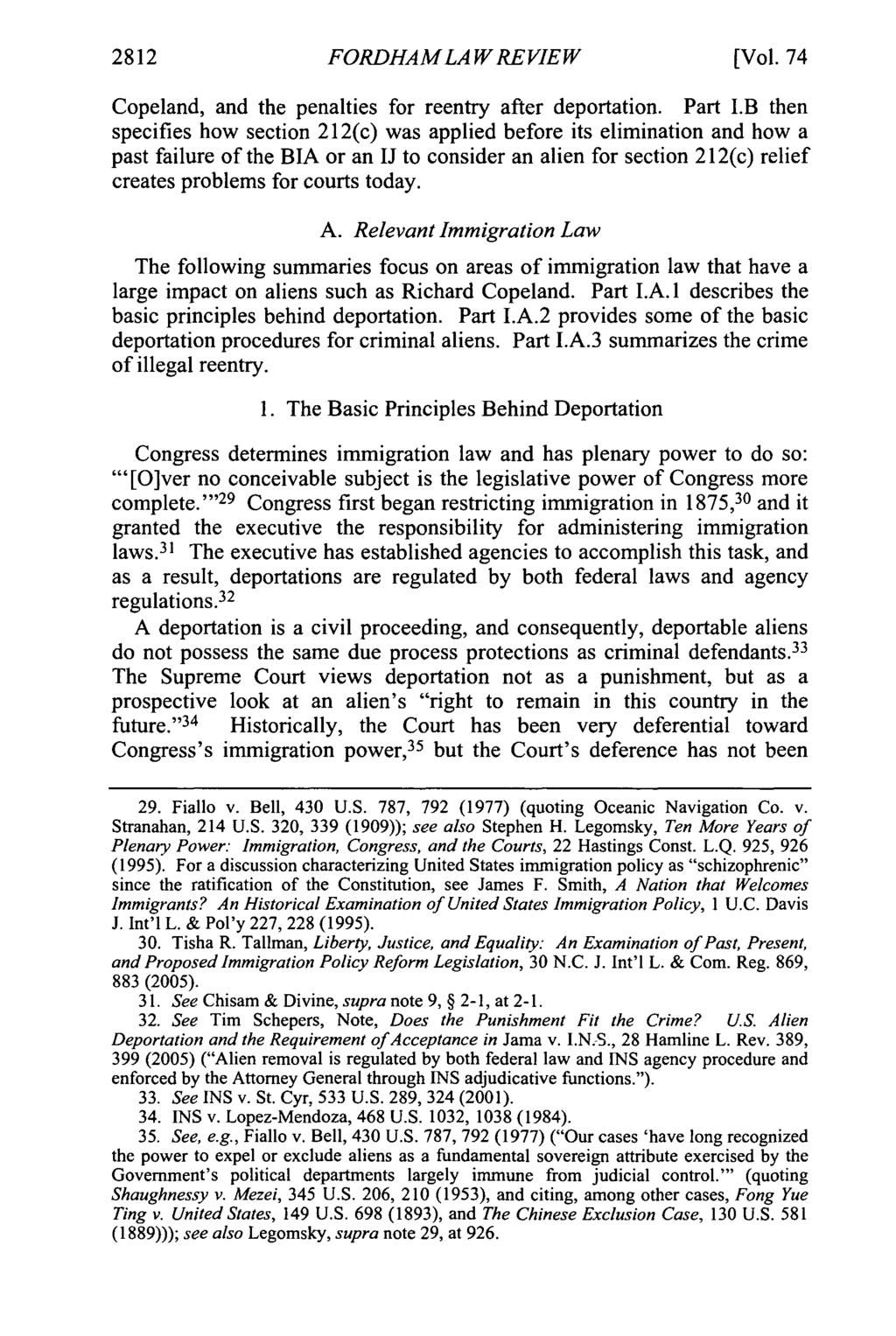 2812 FORDHAM LA W REVIEW [Vol. 74 Copeland, and the penalties for reentry after deportation. Part I.