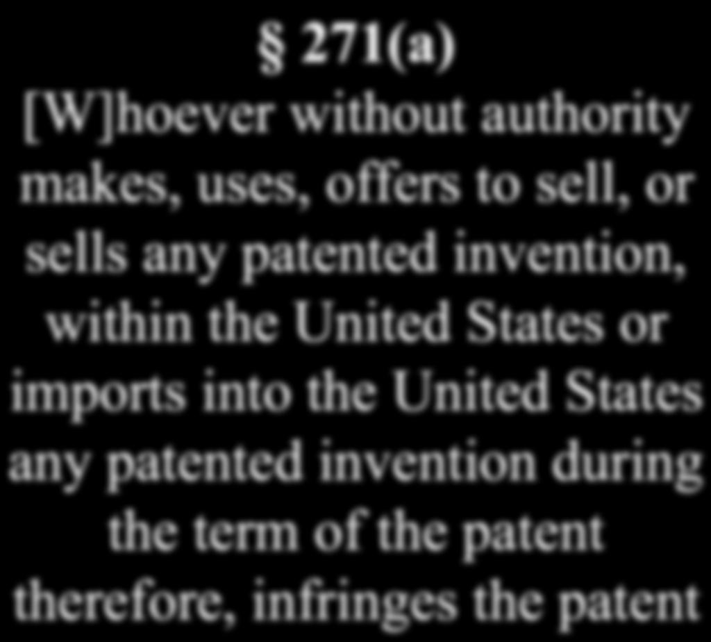 The Statutes 271(a) [W]hoever without authority makes, uses, offers to sell, or sells any patented invention, within the United States or imports
