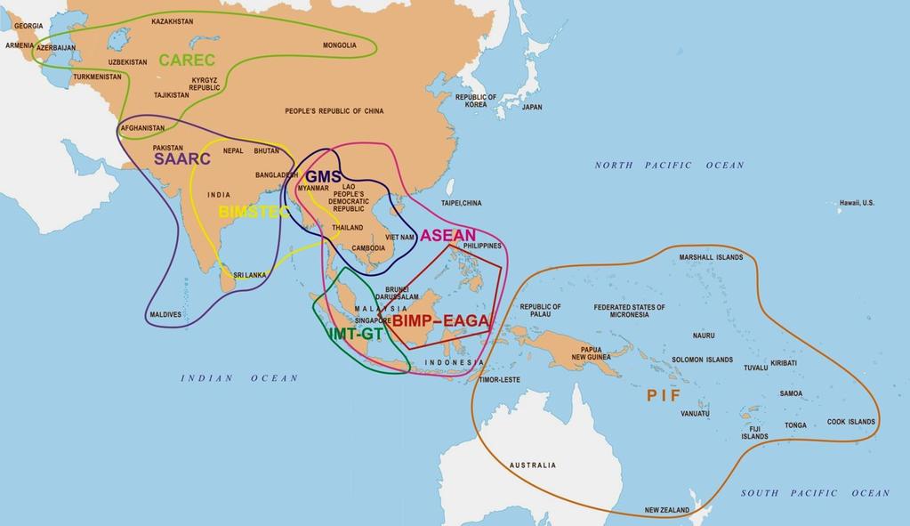 The Garland of an Integrated Asia SASEC ASEAN Association of Southeast Asian Nations BIMP-EAGA Brunei Darussalam-Indonesia-Malaysia-Philippines East ASEAN Growth Area BIMSTEC Bay of Bengal Initiative
