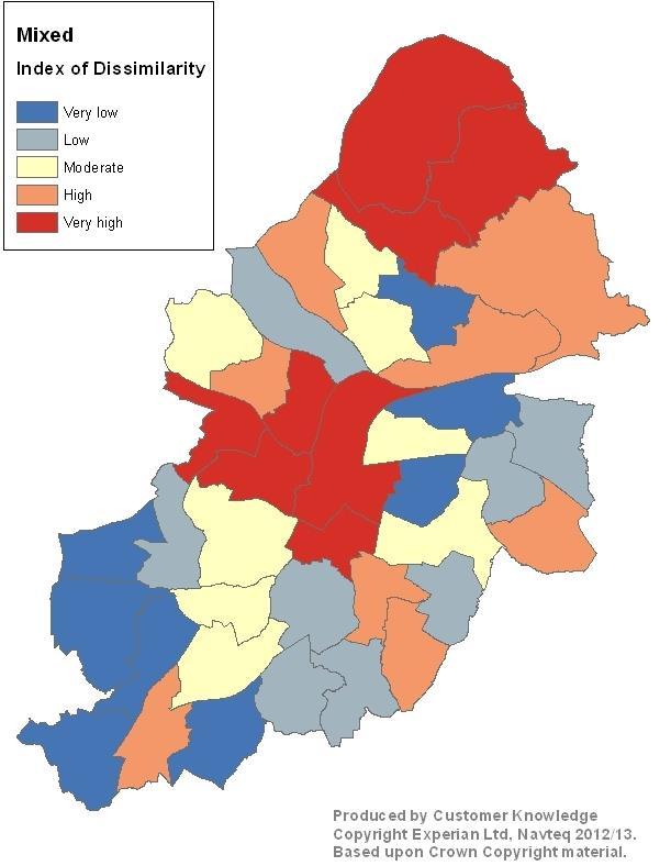 In Birmingham, we are seeing an overall decrease in spatial segregation between white and non-white ethnic groups during 2001-2011 (8.9% reduction in Index of Dissimilarity value ward).