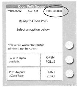After approximately 1 minute, the escan screen appears on the console and the escan Power up report is printed. 5. The escan displays the Ready to Open Polls screen.