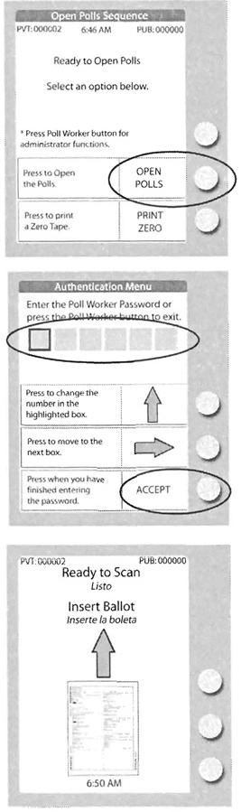 escan Open Polls 7. Check the time. Press the button next to OPEN POLLS. 8. Use Open Poll Password from Envelope U. Enter the Password and press the button next to ACCEPT.