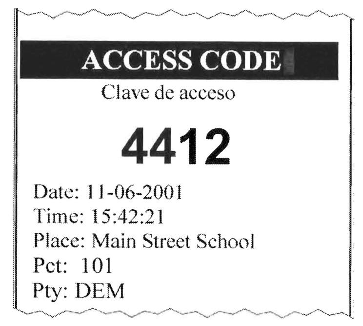 4. Verify the voter's precinct number on the ACCESS CODE slip. Give the ACCESS CODE to the voter, and instruct the voter to go to any open booth. Access code will time out after 30 minutes.