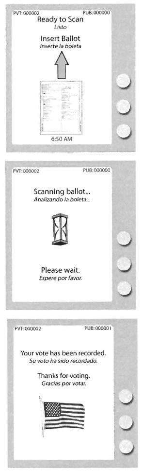 ( If available, voters may use privacy sleeves while inserting ballots into the ballot feed slot.) 3. Wait while the Scanning Ballot.