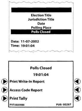 Closing the Polls 4. A "Polls Closed" summary report prints. Please give this to the Minority Inspector. 5. Print four (4) Tally Reports. Two (2) Tally Reports go in Envelope W.