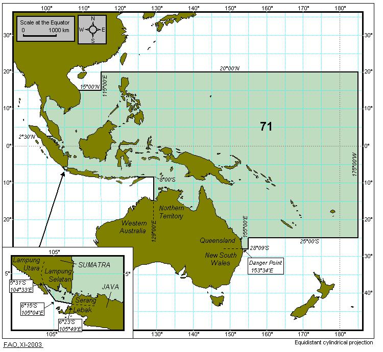 FAO fishing area(s) Major Fishing Area 71 includes the Gulf of Thailand, Indonesian waters, Malaysian waters, and the Dog Leg Bank. FAO 1990-2018. FAO Major Fishing Areas.