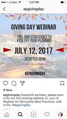 Share with your friends and support [INSERT nonprofit name] to be a part of #EPGivingDay on Tuesday, November 15, 2017!