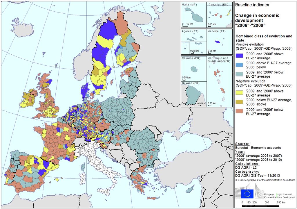 Map 13 - GDP (PPS/capita), EU-27=100, "2009" Map