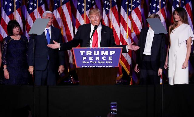 Republican President-elect Donald Trump delivers his acceptance speech during his election night event at the New York Hilton Midtown in the early morning hours of Nov. 9, 2016 in New York City.