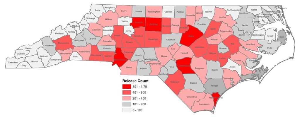 Prison Releases by County of Residence (2008) Supervision Resources Are Not Focused on Those Most Likely to Re-offend 1 Over 25% of people released from prison in North Carolina each year return to