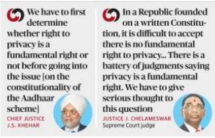 Continue Page-1,10- Aadhaar: 9-judge Bench to consider whether privacy is a basic right A nine-judge Bench of the Supreme Court will on Wednesday hear the question whether privacy is a fundamental