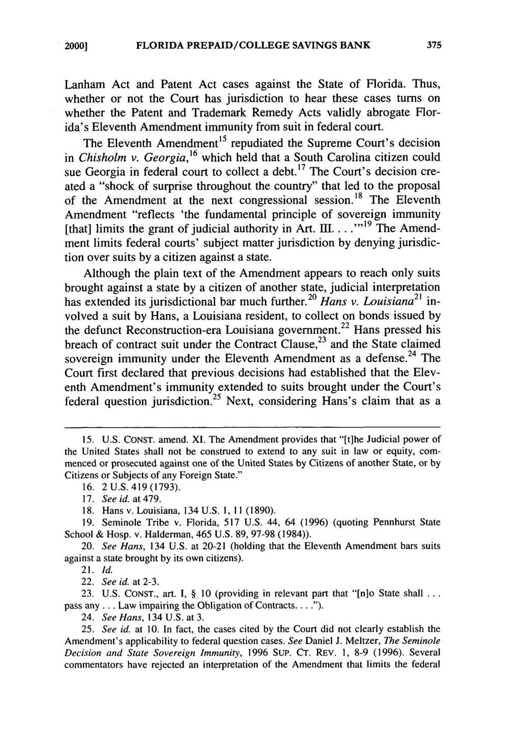 2000] FLORIDA PREPAID/COLLEGE SAVINGS BANK Lanham Act and Patent Act cases against the State of Florida.