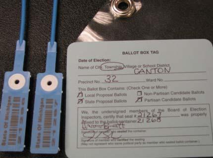 Record Blue Ballot Container seal numbers in the following places: (There may be multiple boxes. Two seals are needed for each box.) In the Back of the Poll Book. On Blue Ballot Box Tag.