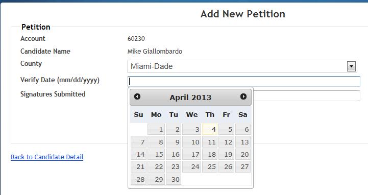 3. Once on the Add New Petition screen, the county will be pre-populated. To enter the date, click on the empty box next to Verify Date (mm/dd/yyyy) and select appropriate date.