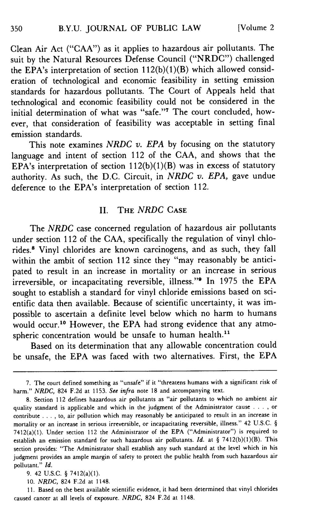 350 B.Y.U. JOURNAL OF PUBLIC LAW [Volume 2 Clean Air Act ("CAA'') as it applies to hazardous air pollutants.