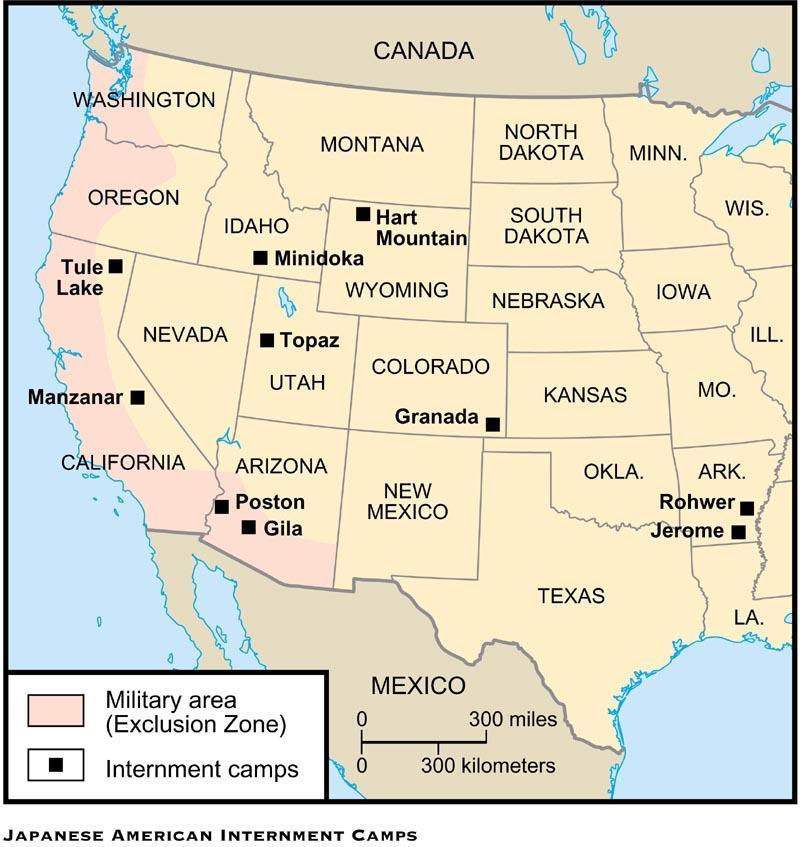 Location of the 10 Internment camps In the late 1980s, President Reagan signed into law a bill