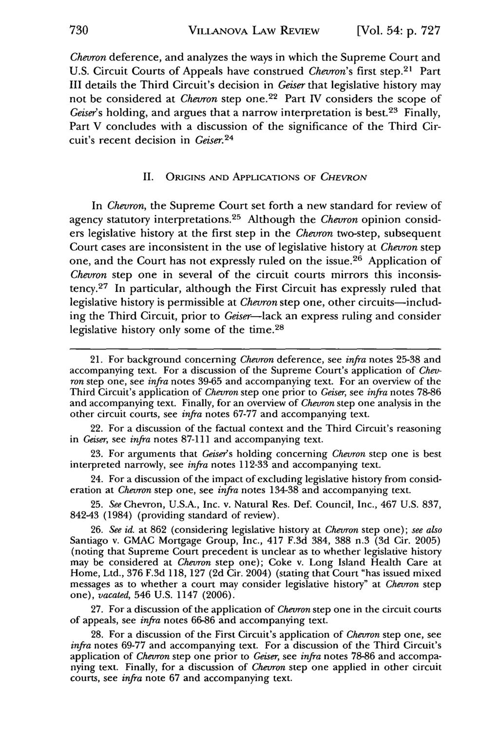Villanova Law Review, Vol. 54, Iss. 5 [2009], Art. 2 VILLANOVA LAW REVIEW [Vol. 54: p. 727 Chevron deference, and analyzes the ways in which the Su