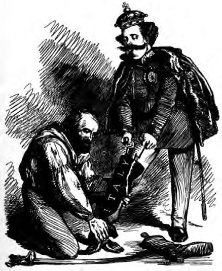 5 SOURCE H RIGHT LEG IN THE BOOT AT LAST. IF IT WON T GO ON, SIRE, TRY A LITTLE MORE POWDER. A cartoon published in Britain in November 1860.