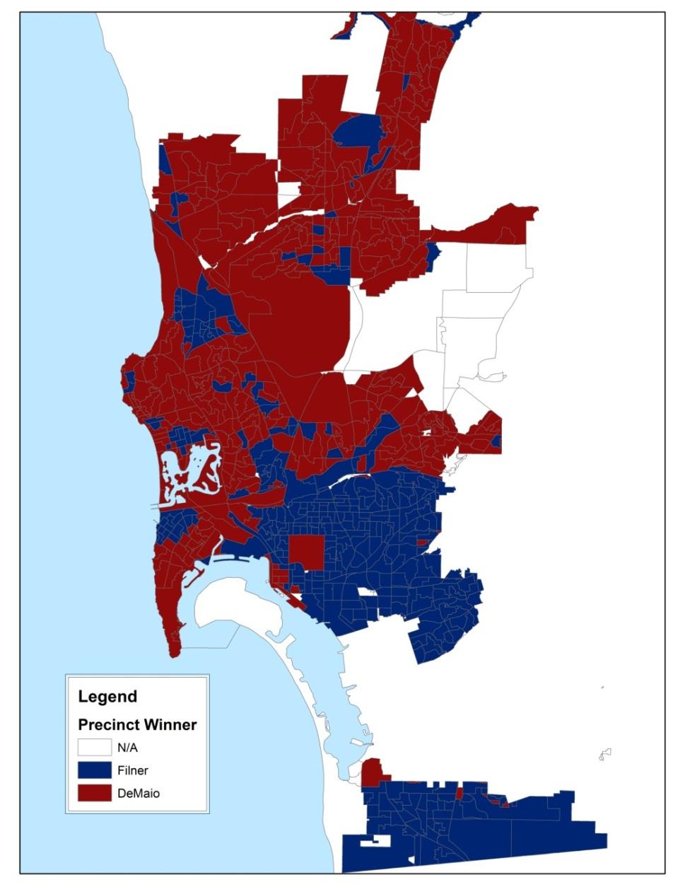 Mayoral Election On November 6, 2012, San Diego Congressman Bob Filner defeated Councilman Carl DeMaio in the mayoral election; the vote margin was 52.49% to 47.51%, respectively.