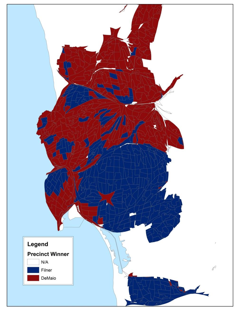 The peculiar shape of the City of San Diego and the varying size of voting precincts obscure the actual distribution of votes in the mayoral election.