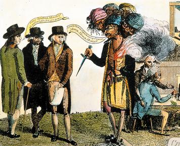 In this cartoon, American envoys meet with a French diplomat, depicted as a multiheaded monster holding a dagger.