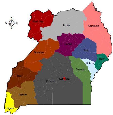5 Map of Uganda (showing sub- regions) MAP OF UGANDA SHOWING THE SUB-REGIONS CONSIDERED FOR THE DGF