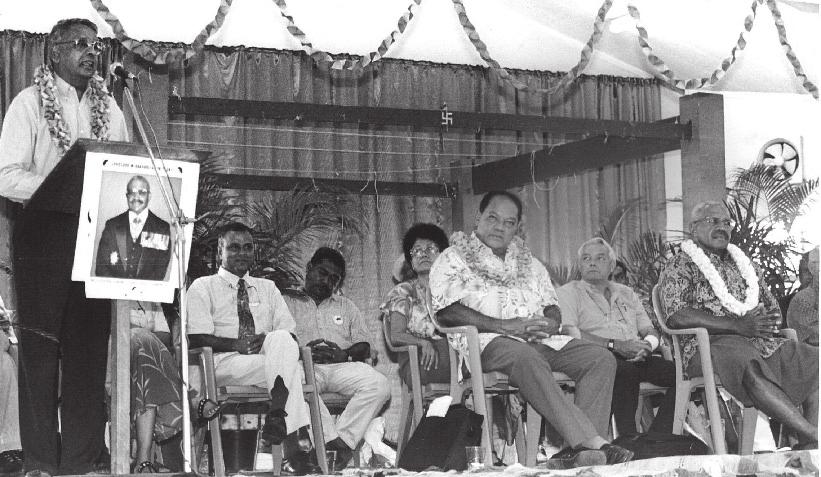 THE DÉNOUEMENT Lauching the SVT NFP GVP Coalition at Kshattriya Hall, Suva, 1999. Seated from right: David Pickering, Sitiveni Rabuka, Robin Stork, Mere Samisomi, Viliame Cavubati, Wadan Narsey.