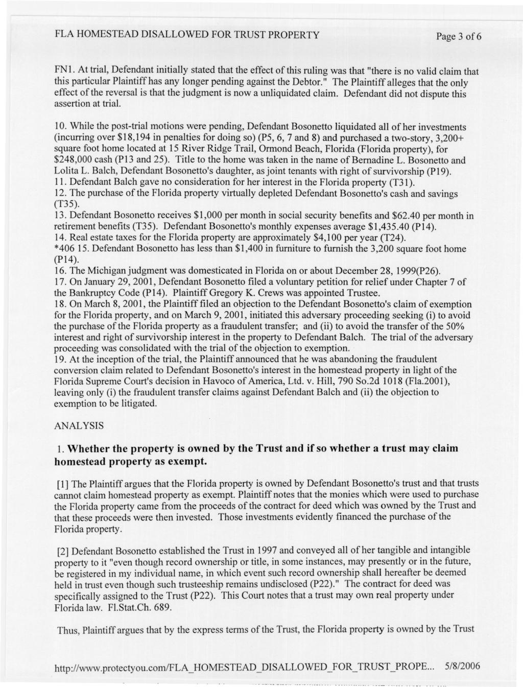 ..-.. FLA HOMESTEAD DISALLOWED FOR TRUST PROPERTY Page 3 of6 FN 1.