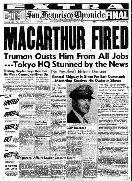 DOCUMENT: MacArthur Fired, San Francisco Chronicle, April 11, 1951 On June 25, 1950, the Korean War broke out while General MacArthur was running the Occupation of Japan.