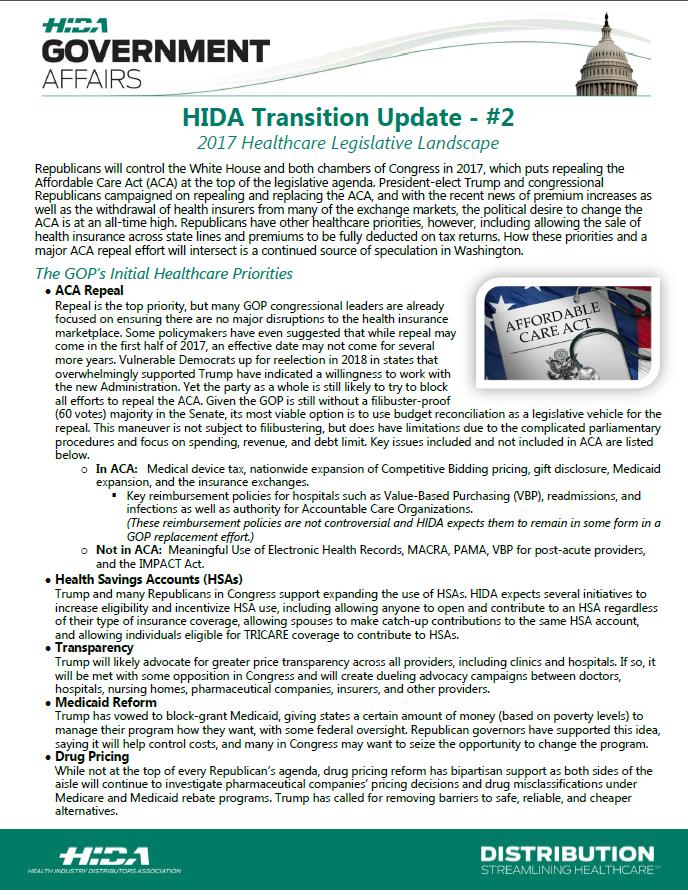 HIDA Policy/Political/Regulatory Updates The HIDA Government Affairs staff is compiling information as it becomes available and releasing a series of factsheets outlining the impact of the ever