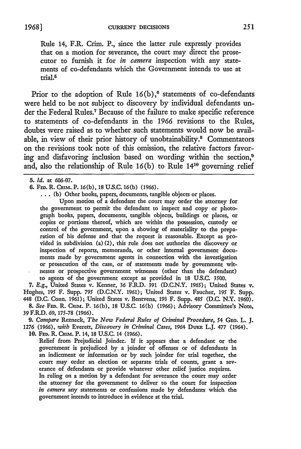 1968] CURRENT DECISIONS Rule 14, F.R. Crim. P.