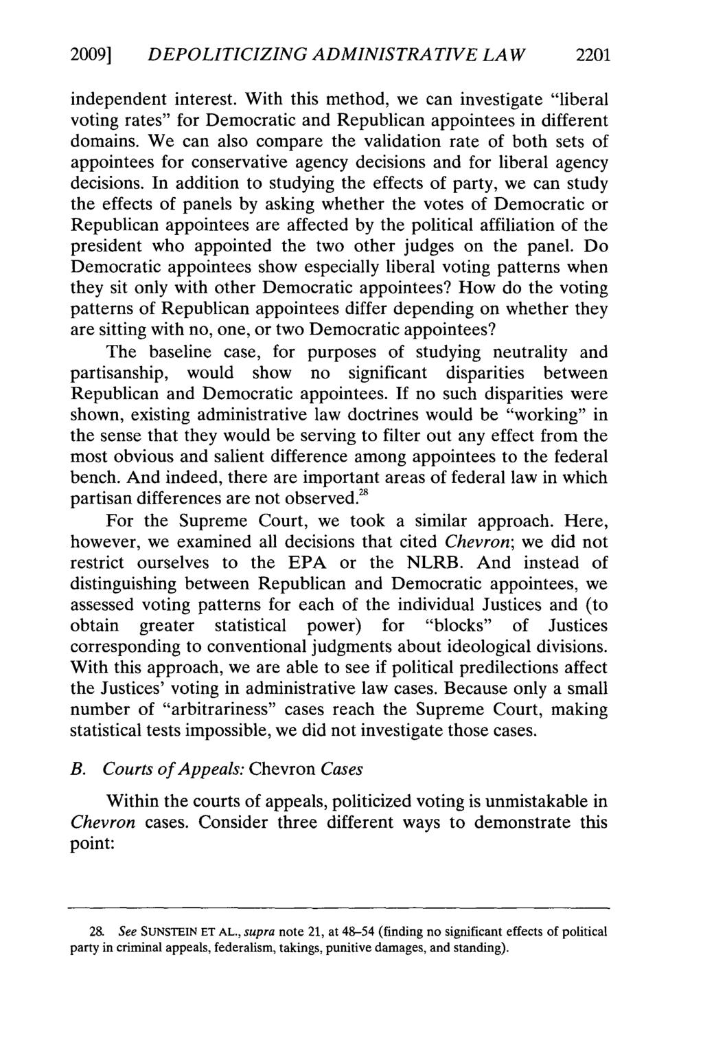 2009] DEPOLITICIZING ADMINISTRATIVE LAW 2201 independent interest. With this method, we can investigate "liberal voting rates" for Democratic and Republican appointees in different domains.