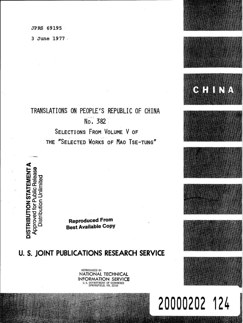 JPRS 69195 3 June 1977 TRANSLATIONS ON PEOPLE'S REPUBLIC OF CHINA No.